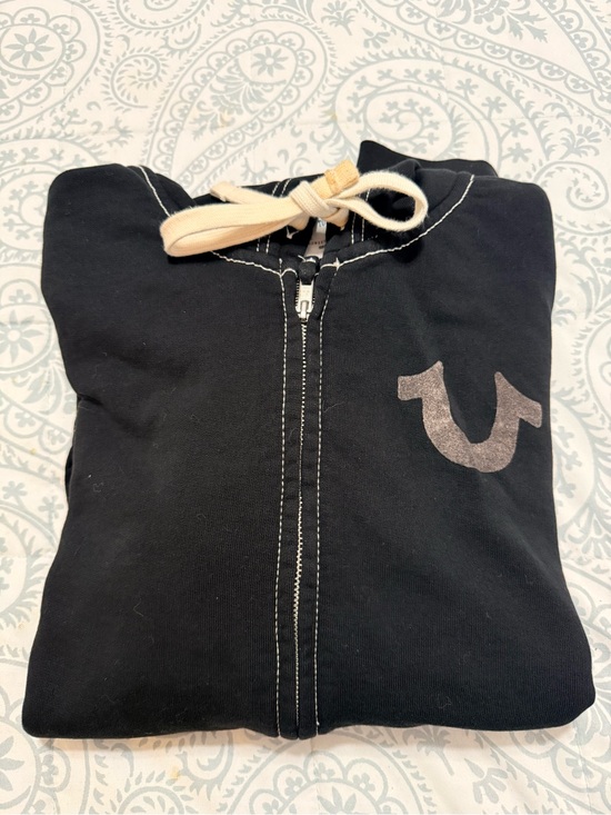 True Religion Other - True Religion Black Zip Front Hoodie with Cream Drawstring